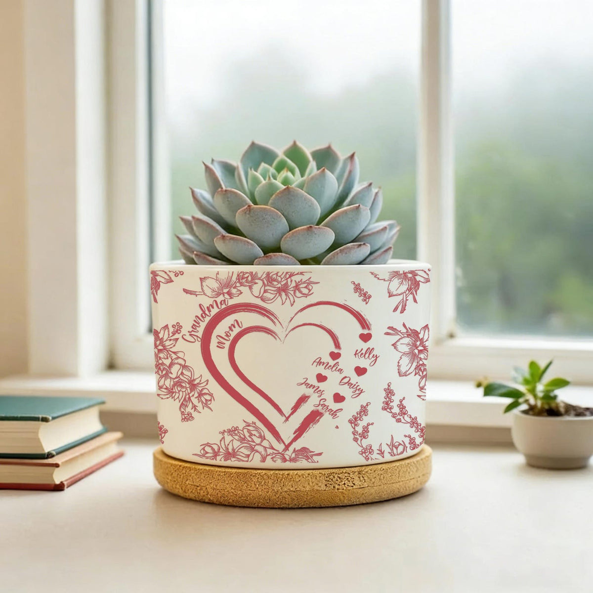 Personalized Mom And Grandma Heart Plant Pot, Custom Mum-Nana Generation Planter, Toile De Jouy Style Ceramic Flower Pot, Mother's Day Gift