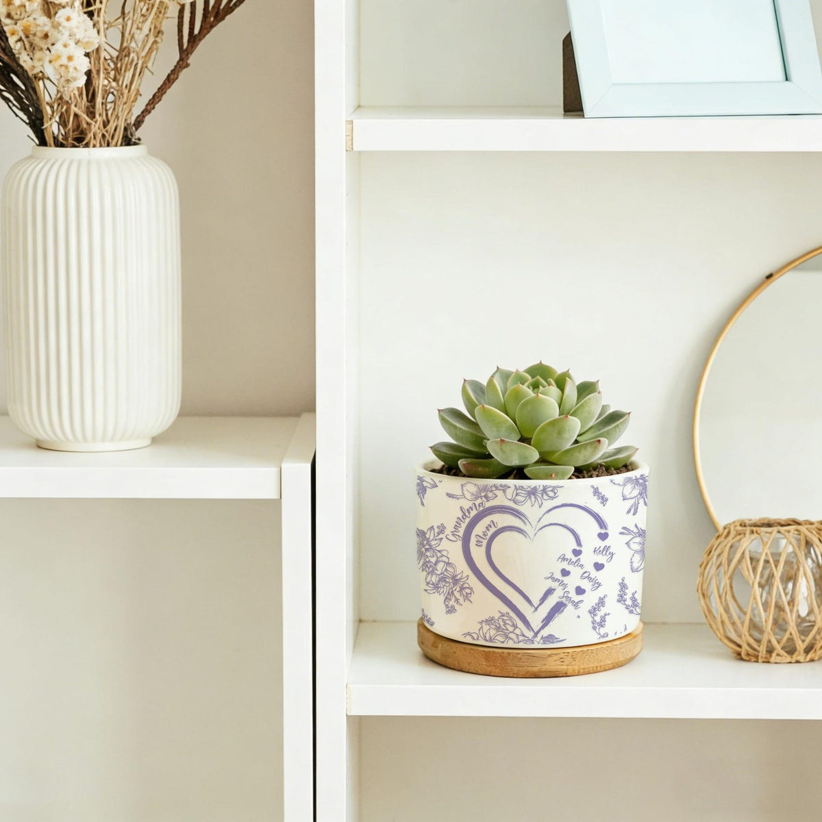 Personalized Mom And Grandma Heart Plant Pot, Custom Mum-Nana Generation Planter, Toile De Jouy Style Ceramic Flower Pot, Mother's Day Gift