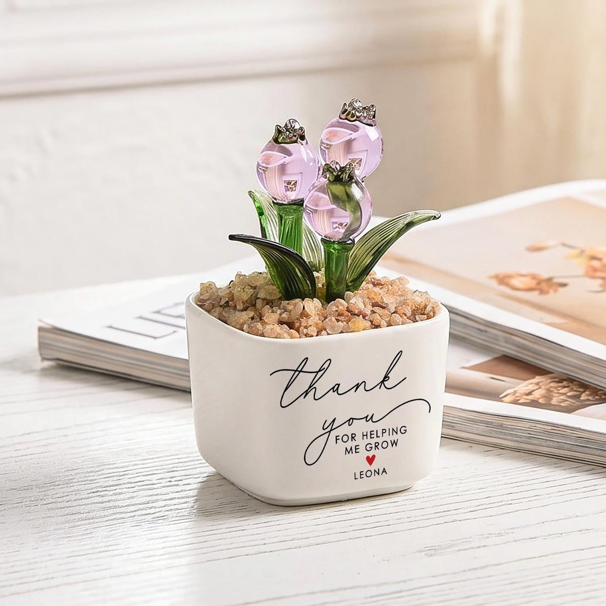 Personalized Stained Glass Flower Pot, Thank You for Helping Me Grow Gift, Custom Teacher Appreciation Gift, Memorial Desk Decor