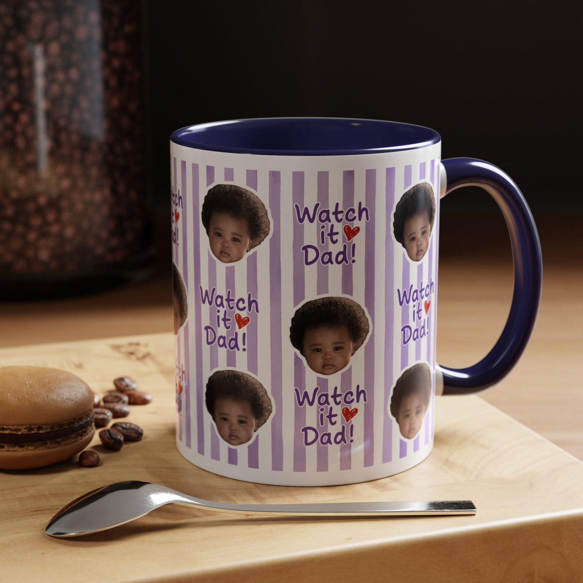 Custom Photo Striped Mug for Dad, Personalized Father and Son Picture Cup, Best Dad Gift with Custom Name, Gift for Grandpa, New Dad Gift