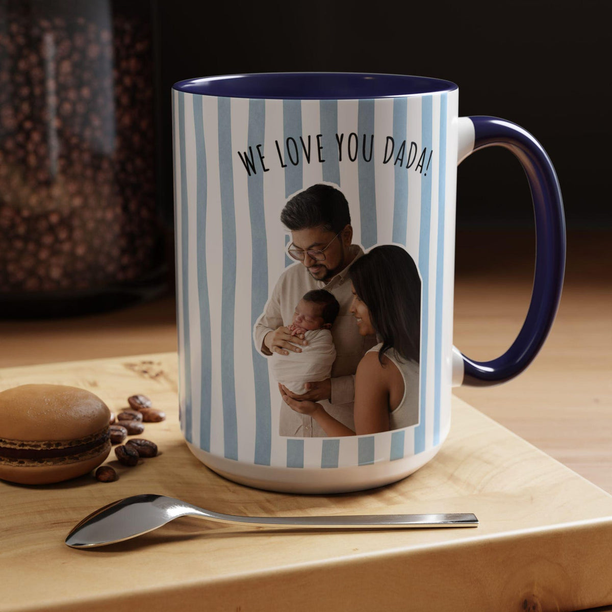 Custom Photo Striped Mug for Dad, Personalized Father and Son Picture Cup, Best Dad Gift with Custom Name, Gift for Grandpa, New Dad Gift