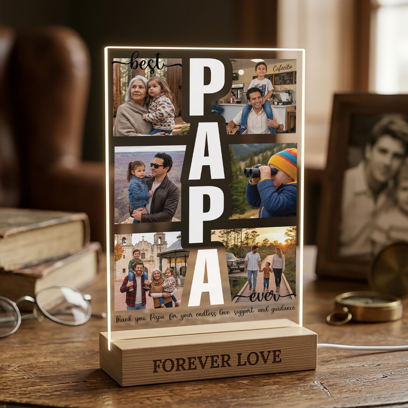 Personalized Best Dad Ever Acrylic Plaque, Custom Photo Collage Gift for Dad, LED Acrylic Father s Day Gift from Kids, Papa Picture Frame