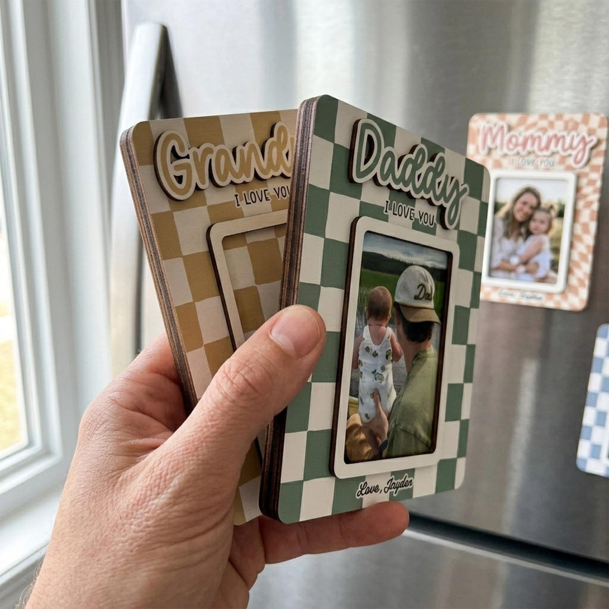 Checkered Photo Fridge Magnet, Custom Picture Frame, Fathers Day Gift for Dad Grandpa, PopPop Wood Frame, Family Keepsake Gift