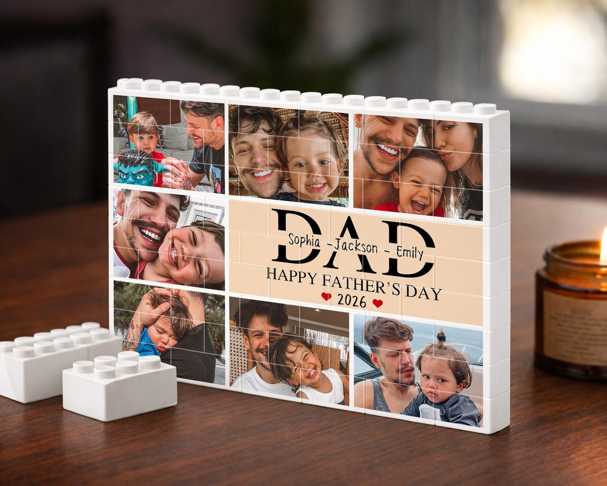 Custom Fathers Day Building Block For Dad: Personalized Dad Brick Puzzle With Kids Name & Photo, Family Picture Keepsake, New Dad Gift