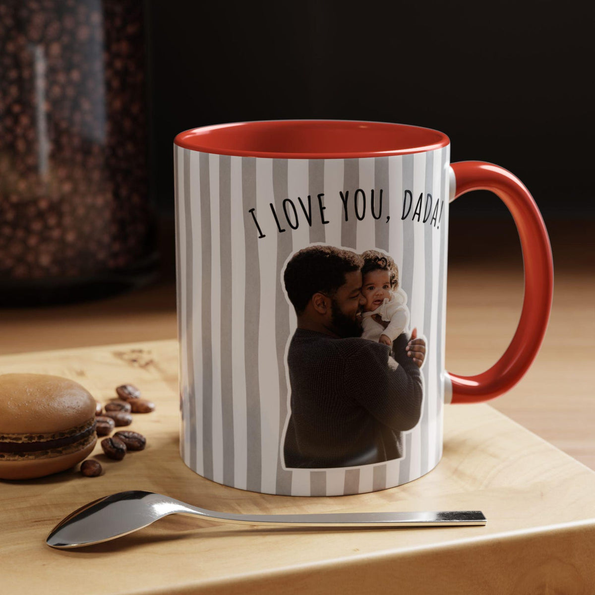 Custom Photo Striped Mug for Dad, Personalized Father and Son Picture Cup, Best Dad Gift with Custom Name, Gift for Grandpa, New Dad Gift