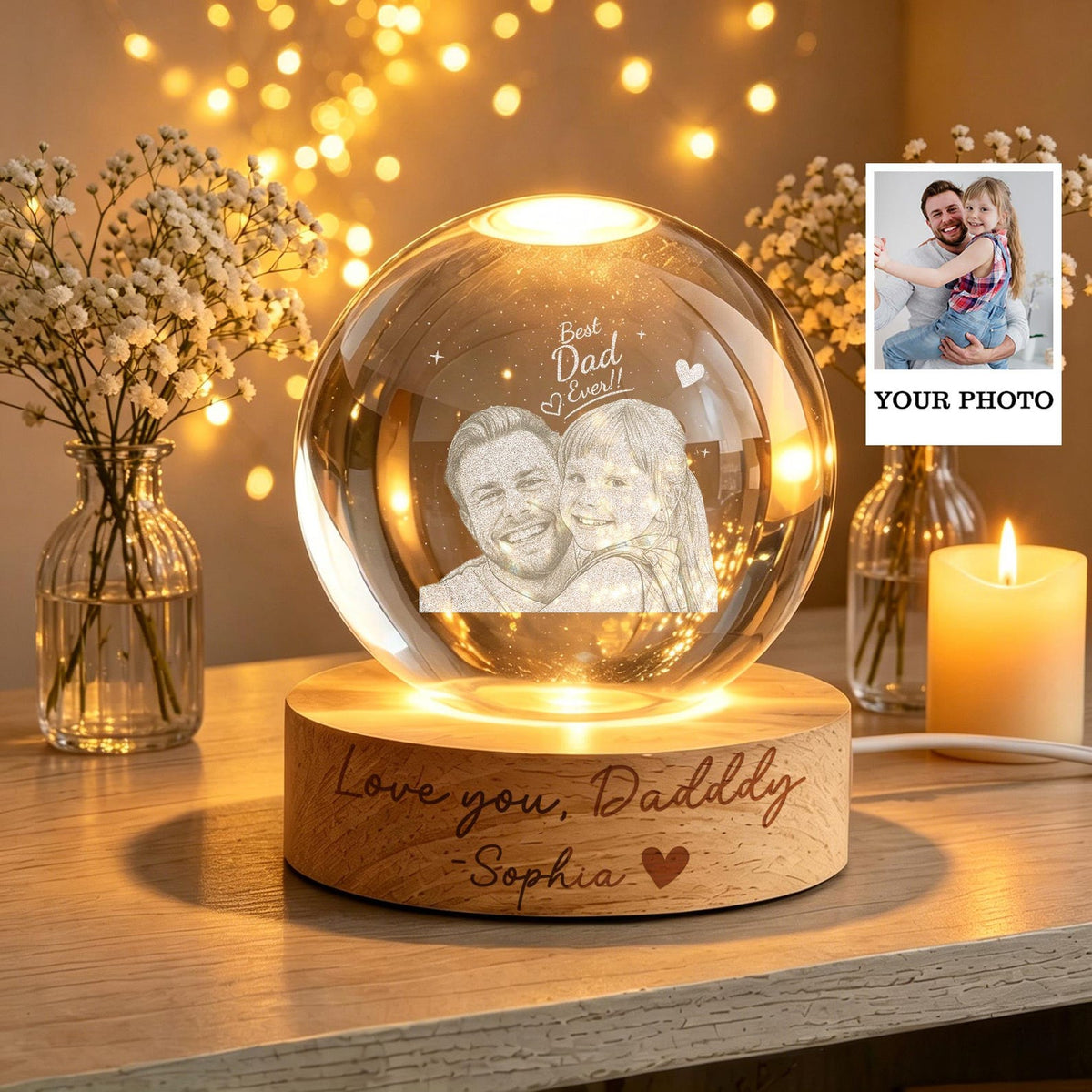 Custom Dad Photo Crystal Ball Light,Father s Day Gift from Kids,New Dad Gift,Best Dad Ever Keepsake Light,Dad & Kids Portrait Globe