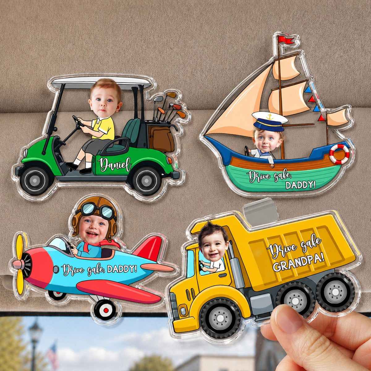 Personalized Vehicle Kids Photo Car Visor Clip: Custom Baby Face Sun Visor Clip, Fathers Day Gift for Dad Grandpa, Drive Safe Daddy Keychain