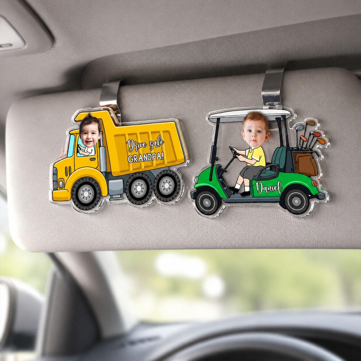 Personalized Vehicle Kids Photo Car Visor Clip: Custom Baby Face Sun Visor Clip, Fathers Day Gift for Dad Grandpa, Drive Safe Daddy Keychain
