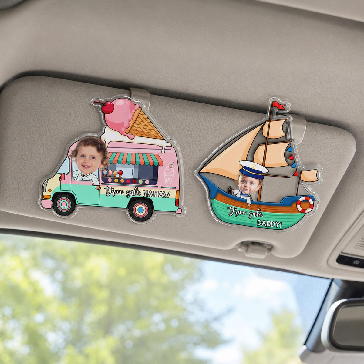 Personalized Vehicle Kids Photo Car Visor Clip: Custom Baby Face Sun Visor Clip, Fathers Day Gift for Dad Grandpa, Drive Safe Daddy Keychain