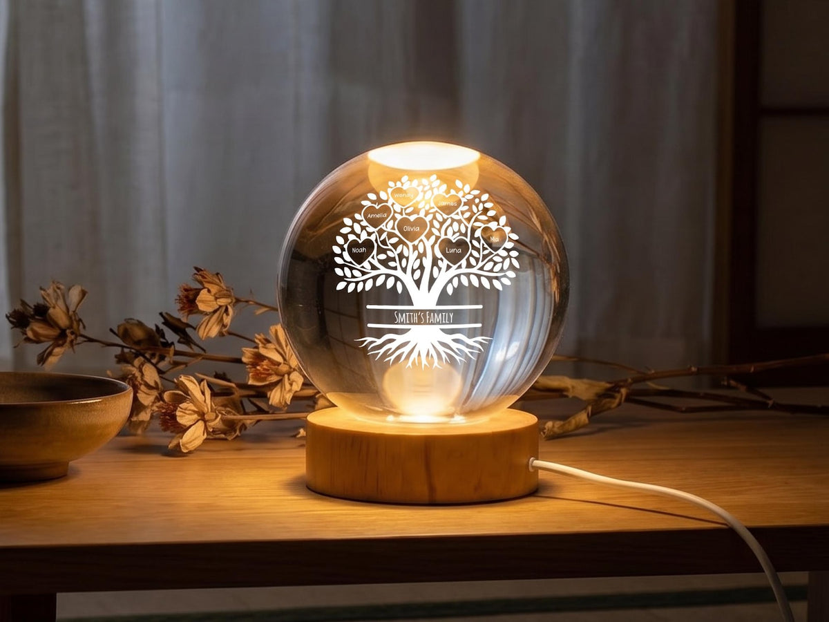 Custom Family Crystal Ball Night Light, Tree Of Life Glass Orb Lamp, Meaningful Gift For Daughter, Cozy Bedroom Decor, Spiritual Keepsake