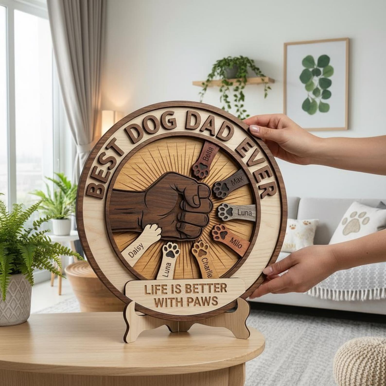Custom Dog Dad Wooden Block, Personalized Paws Keepsake, Best Dog Dad Ever, Life is Better With Paws Gift