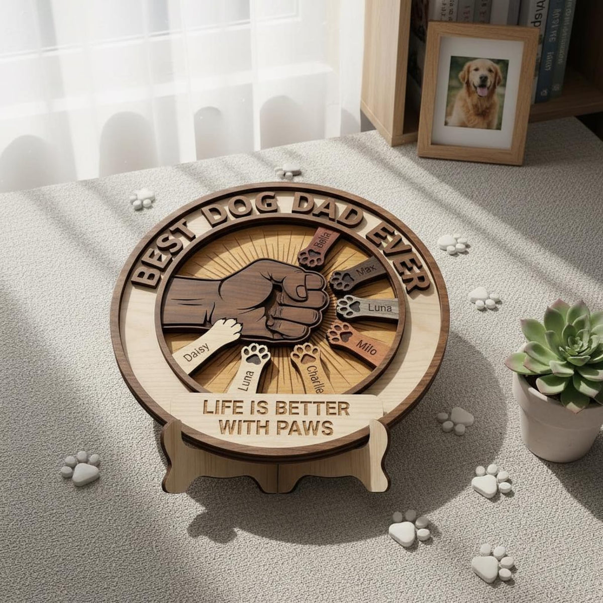 Custom Dog Dad Wooden Block, Personalized Paws Keepsake, Best Dog Dad Ever, Life is Better With Paws Gift