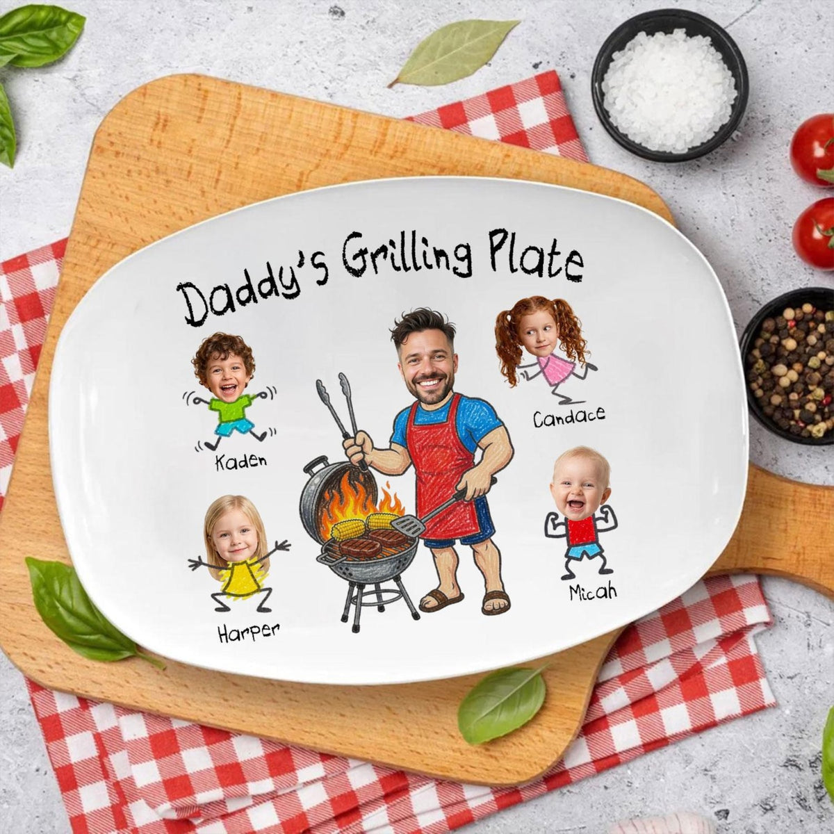 Personalized Daddy Grilling Plate, Custom BBQ Plate with Kids Faces, Father Gift
