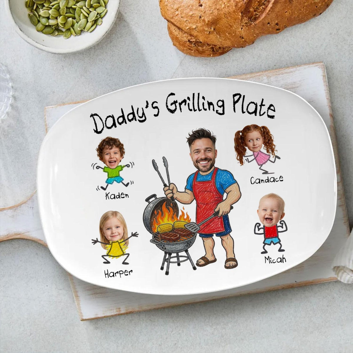 Personalized Daddy Grilling Plate, Custom BBQ Plate with Kids Faces, Father Gift