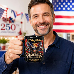 Personalized 250th Anniversary of America 2D Flat Mug, American USA Flag Black Coffee Cup, US Eagle Gifts for Men, Women, Patriotic Keepsake