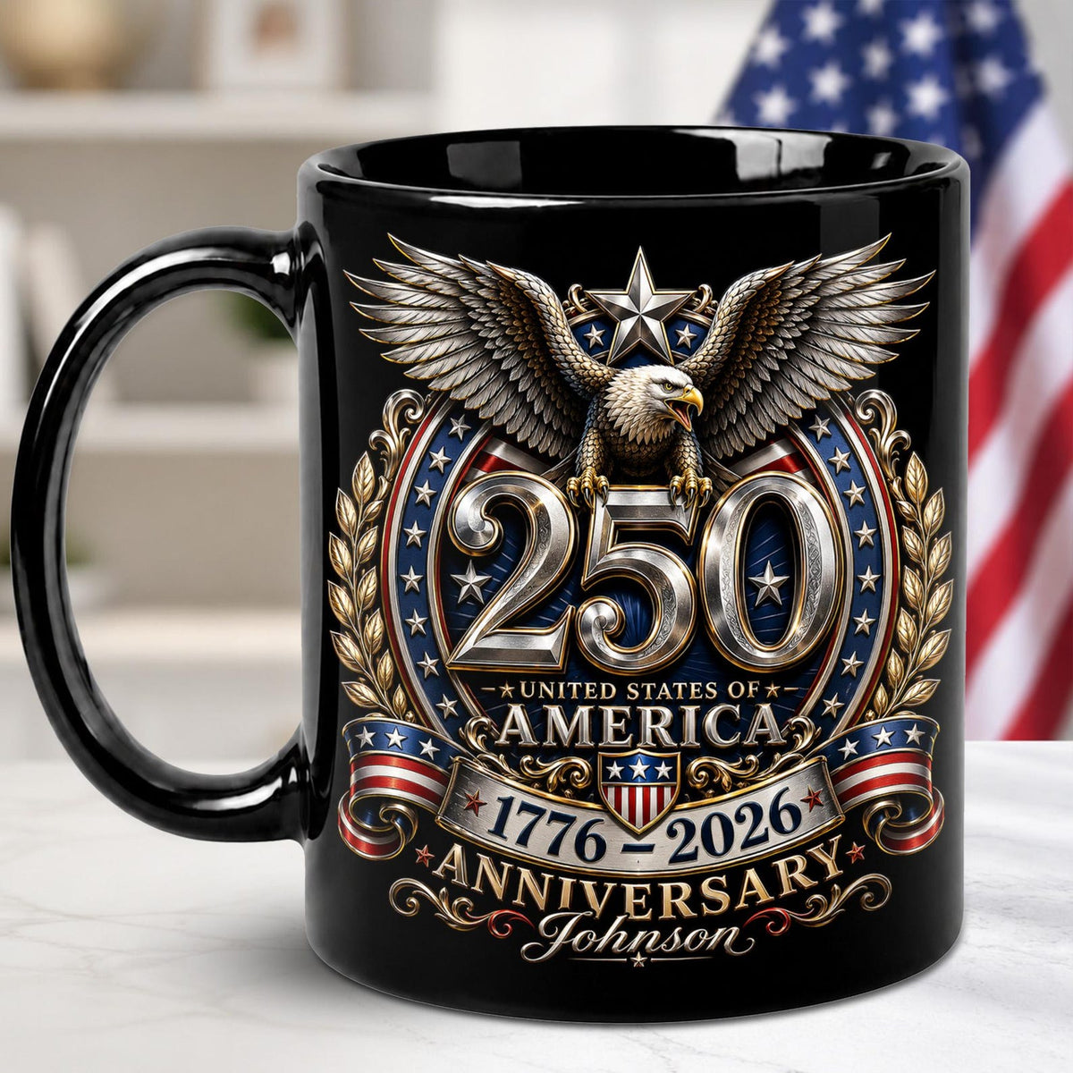 Personalized 250th Anniversary of America 2D Flat Mug, American USA Flag Black Coffee Cup, US Eagle Gifts for Men, Women, Patriotic Keepsake