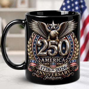 Personalized 250th Anniversary of America 2D Flat Mug, American USA Flag Black Coffee Cup, US Eagle Gifts for Men, Women, Patriotic Keepsake