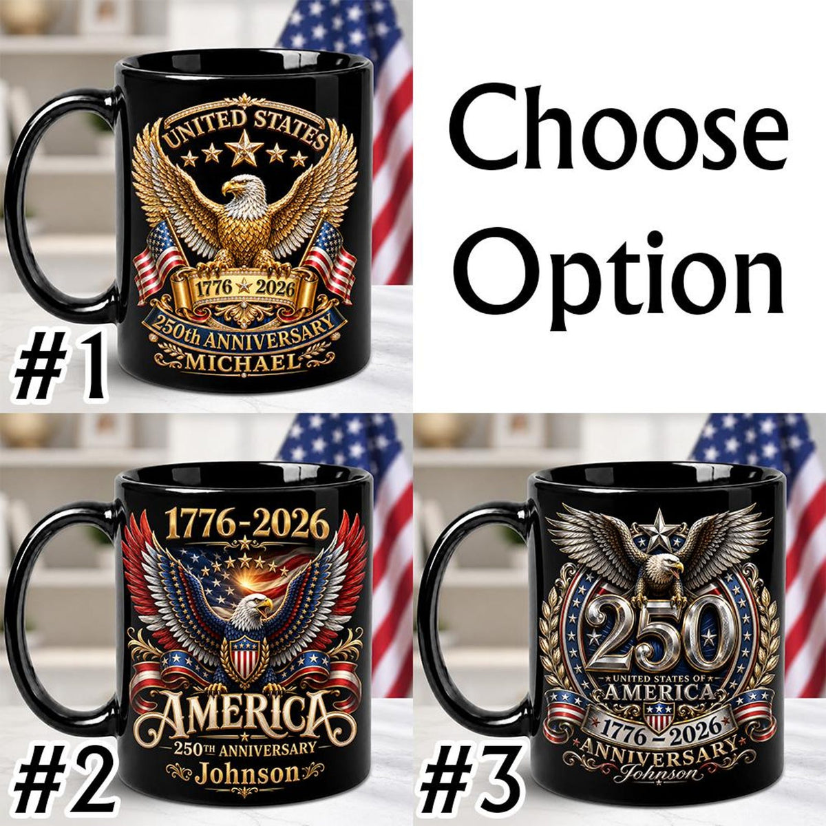 Personalized 250th Anniversary of America 2D Flat Mug, American USA Flag Black Coffee Cup, US Eagle Gifts for Men, Women, Patriotic Keepsake
