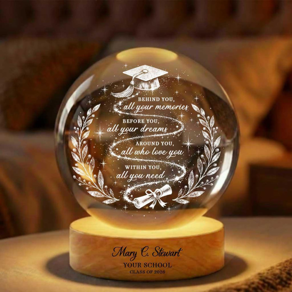 Custom Graduation Crystal Ball Night Light, Personalized Grad Gift for Bestie, BFF Daughter Class of 2026 Senior Highschool College Keepsake