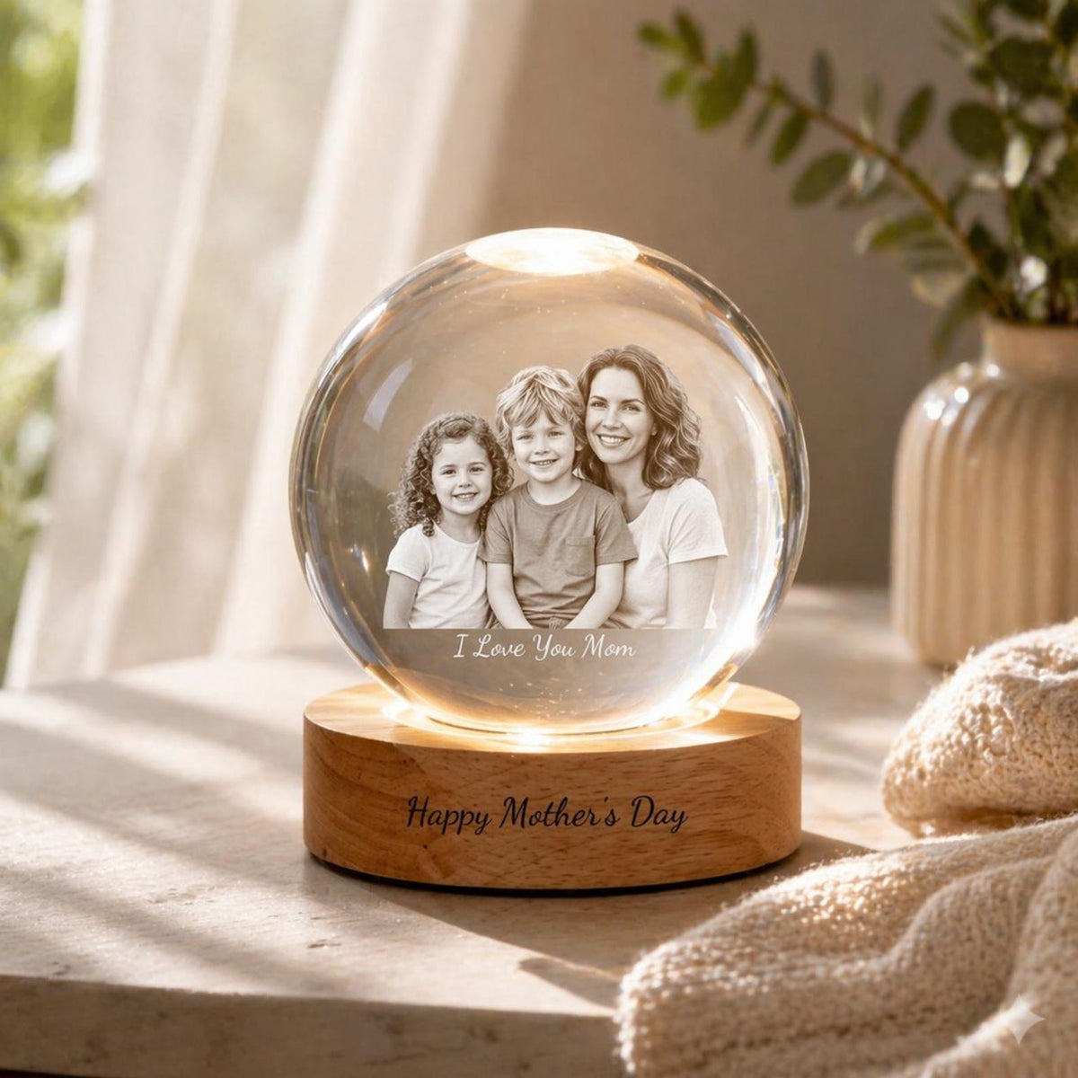 Personalized Mother s Day Photo Snow Globe, Custom Family Picture in Lighted Glass Ornament, Unique Gift for Mom