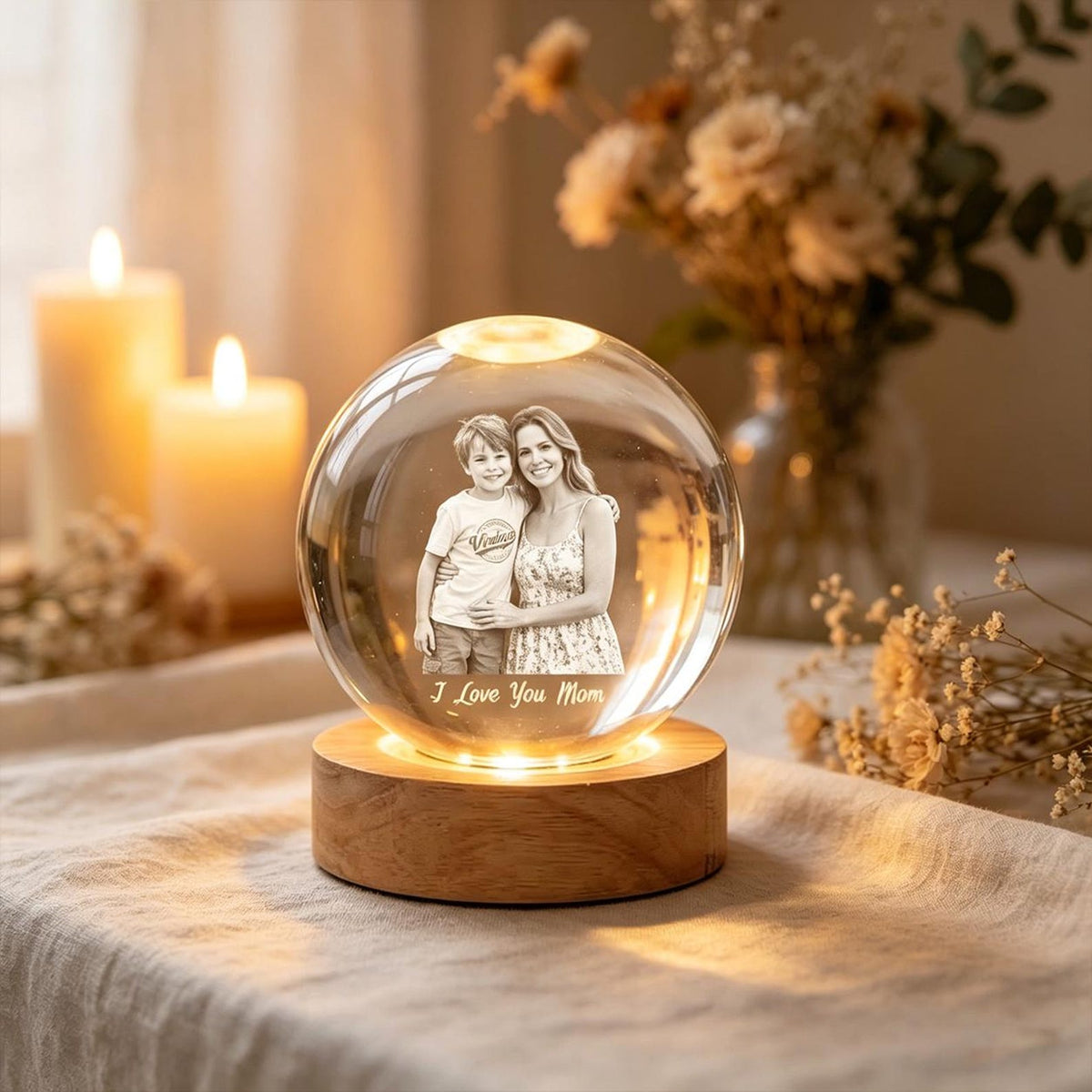 Personalized Mother s Day Photo Snow Globe, Custom Family Picture in Lighted Glass Ornament, Unique Gift for Mom