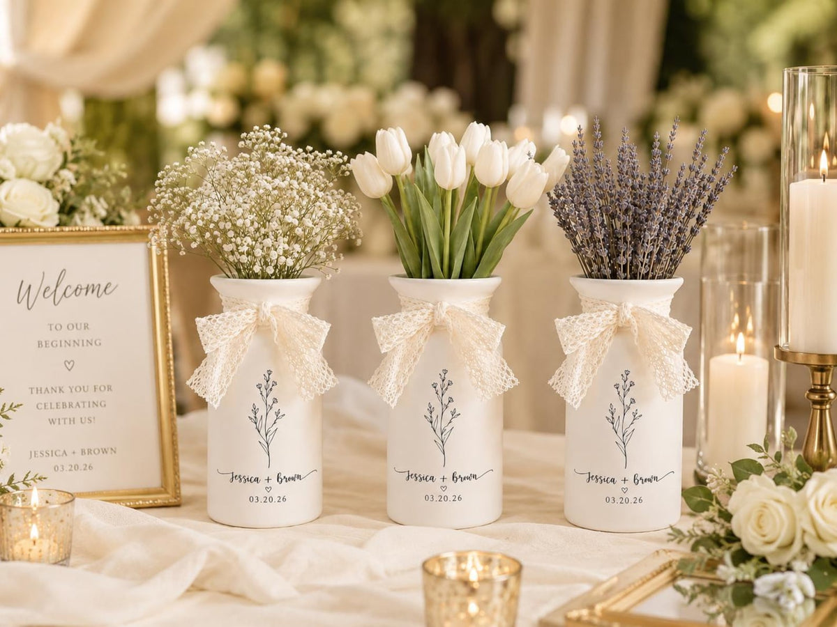 Custom Wedding Flower Vase, Personalized Engaged Couple Gift, Newlywed Vase Flower Gift, Engagement Date Gift, Wedding Gift for Bride Groom