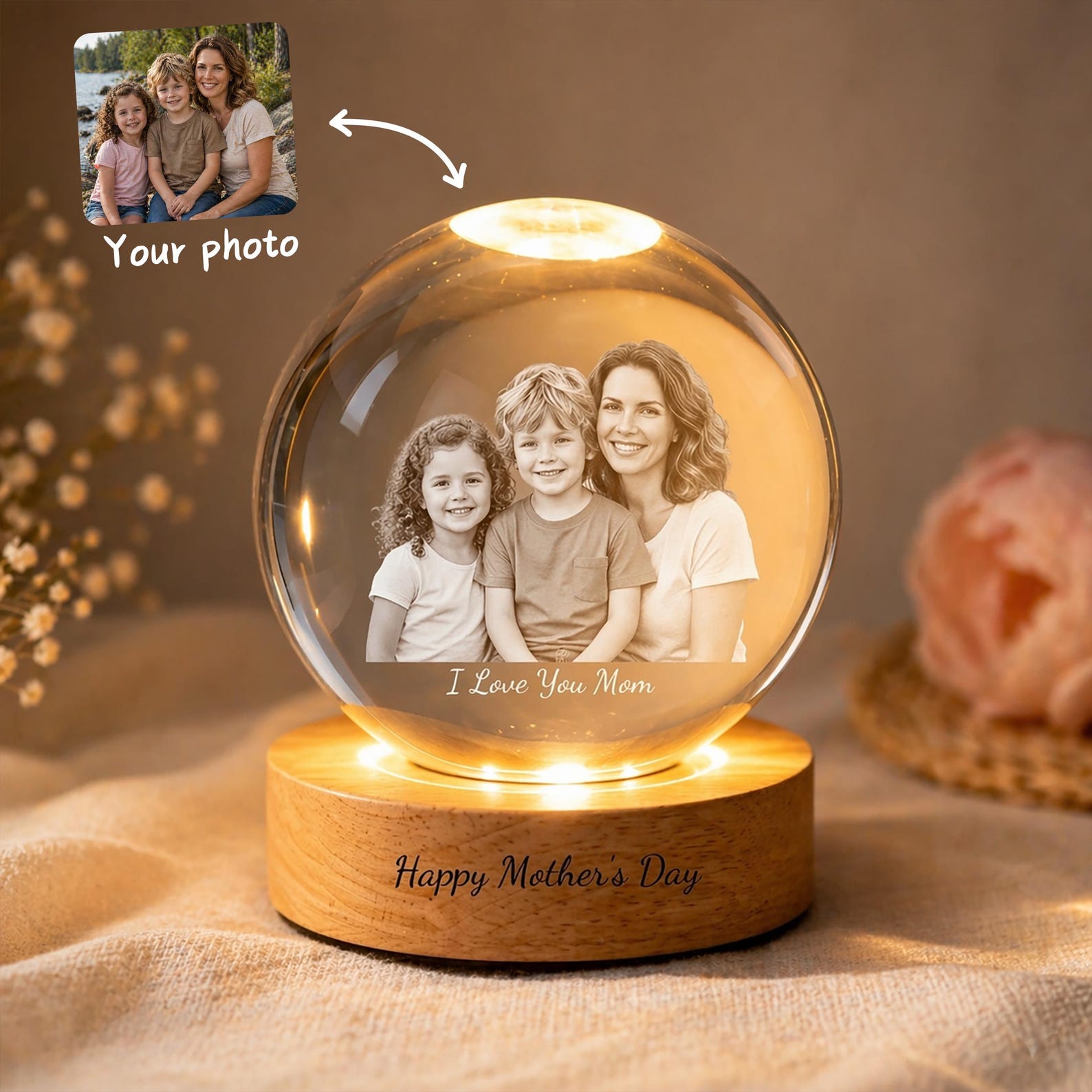 Personalized Mother s Day Photo Snow Globe, Custom Family Picture in Lighted Glass Ornament, Unique Gift for Mom