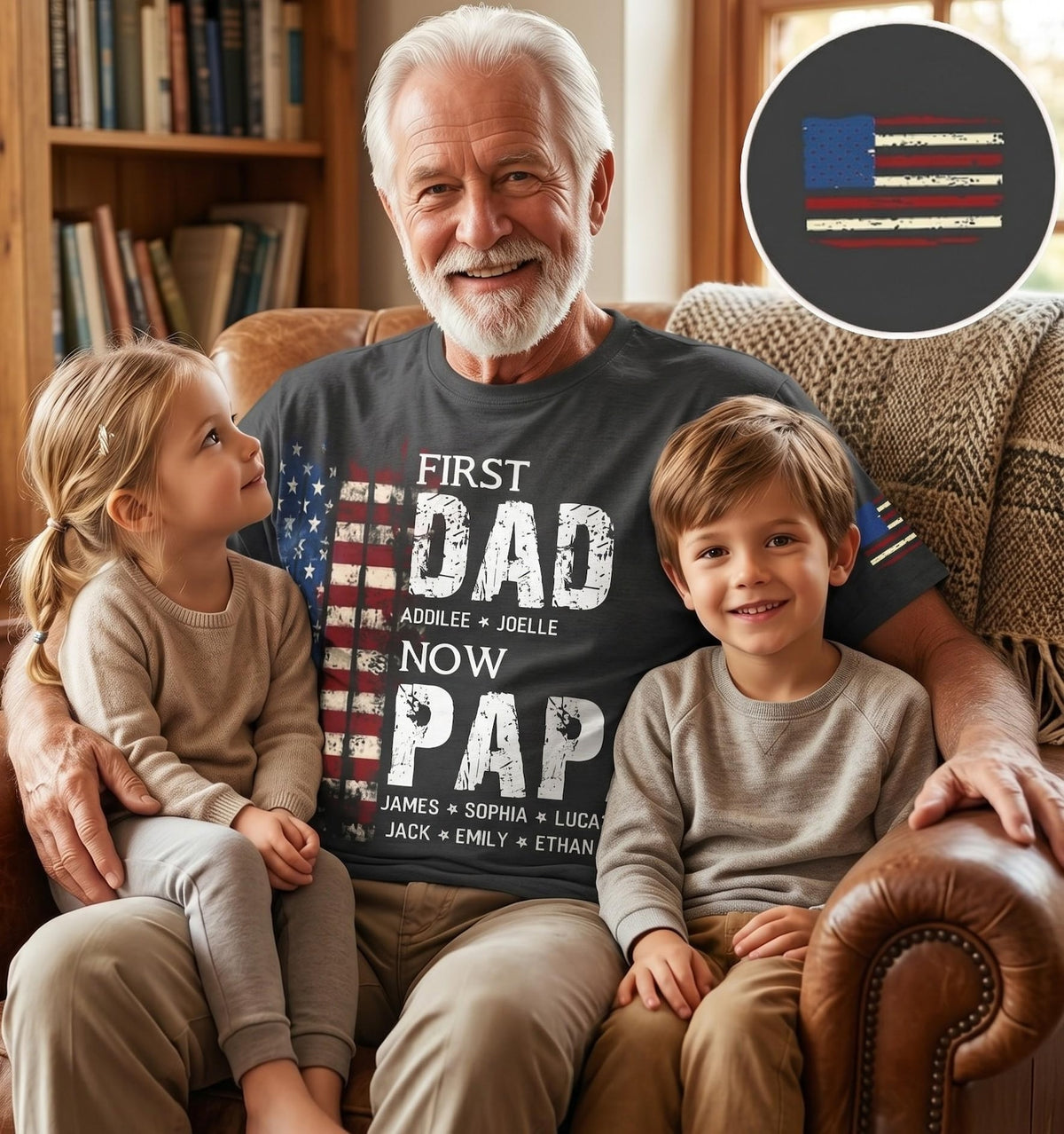 Personalized First Dad Now Papa American Flag Shirt, Custom Kids Names Father's Day Gift, Patriotic Papa T-Shirt, Gift for Grandpa