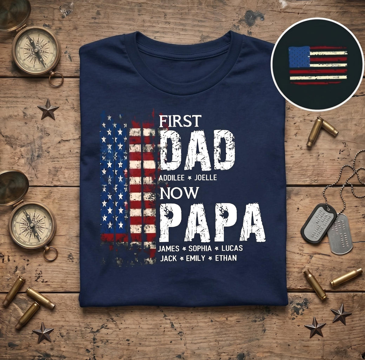 Personalized First Dad Now Papa American Flag Shirt, Custom Kids Names Father's Day Gift, Patriotic Papa T-Shirt, Gift for Grandpa