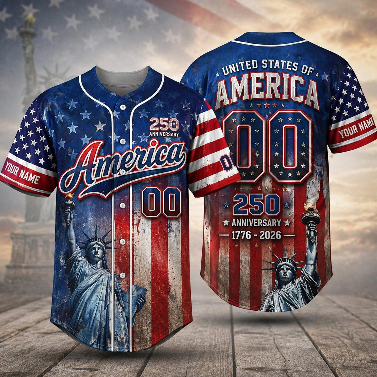 Personalized America Patriotic 250th Anniversary Baseball Jersey Shirt, Vintage American History Gift for Him
