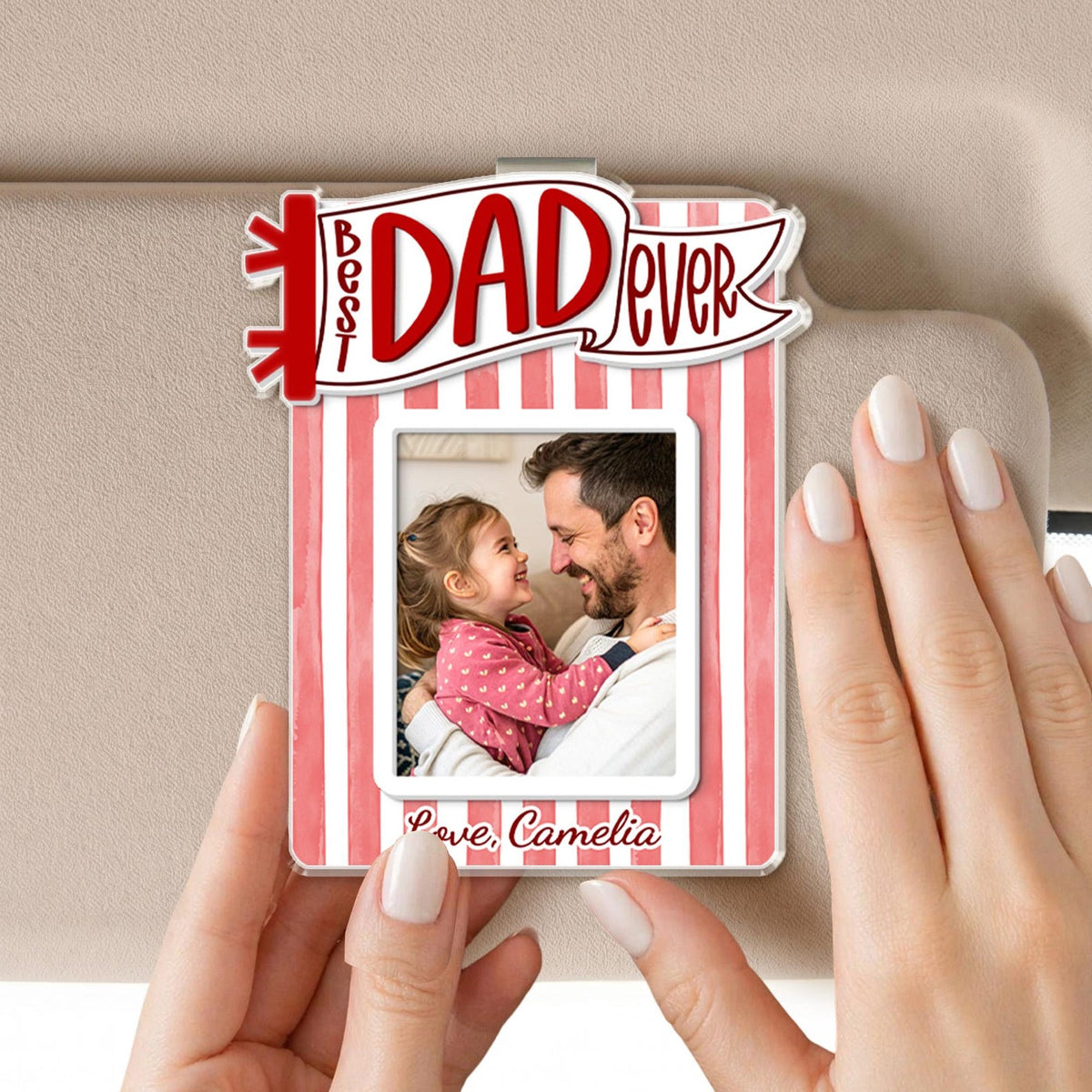 Personalized Dad Car Visor Photo Clip, Custom Father's Day Gift From Daughter or Son, Striped Pennant Dad Visor Clip, Drive Safe Daddy