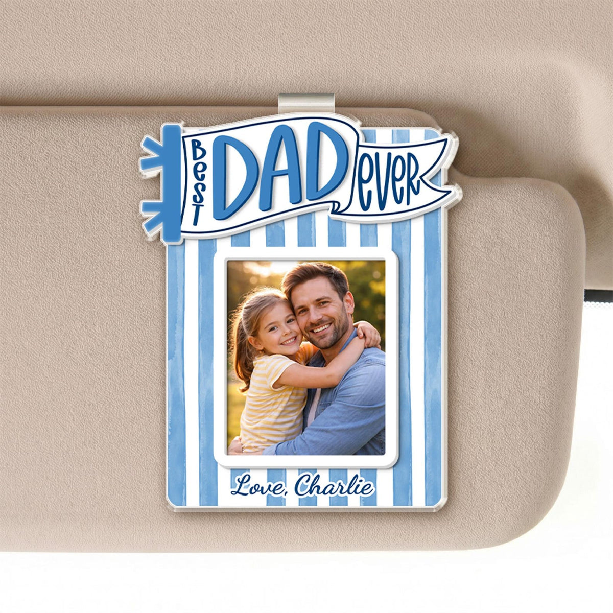Personalized Dad Car Visor Photo Clip, Custom Father's Day Gift From Daughter or Son, Striped Pennant Dad Visor Clip, Drive Safe Daddy