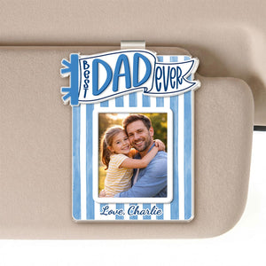 Personalized Dad Car Visor Photo Clip, Custom Father's Day Gift From Daughter or Son, Striped Pennant Dad Visor Clip, Drive Safe Daddy