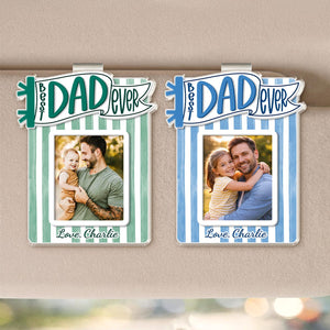 Personalized Dad Car Visor Photo Clip, Custom Father's Day Gift From Daughter or Son, Striped Pennant Dad Visor Clip, Drive Safe Daddy