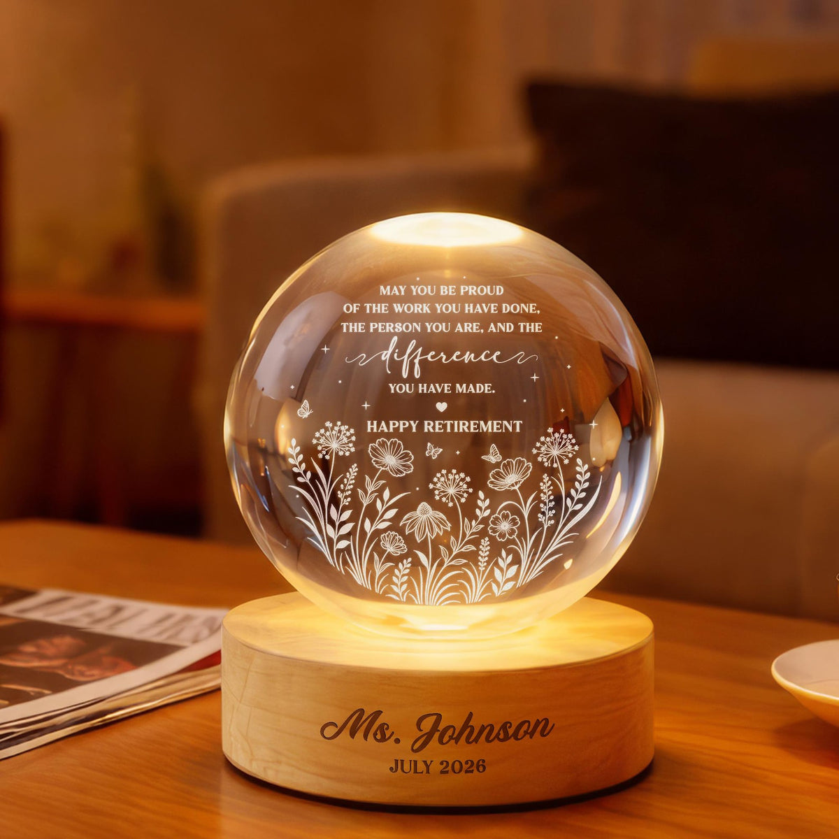 Personalized Retirement Crystal Ball Light Night, Retired Teacher Thank you Gift, Happy Retirement, Custom Retirement Gift For Boss Coworker