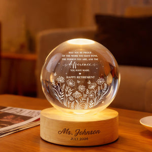 Personalized Retirement Crystal Ball Light Night, Retired Teacher Thank you Gift, Happy Retirement, Custom Retirement Gift For Boss Coworker