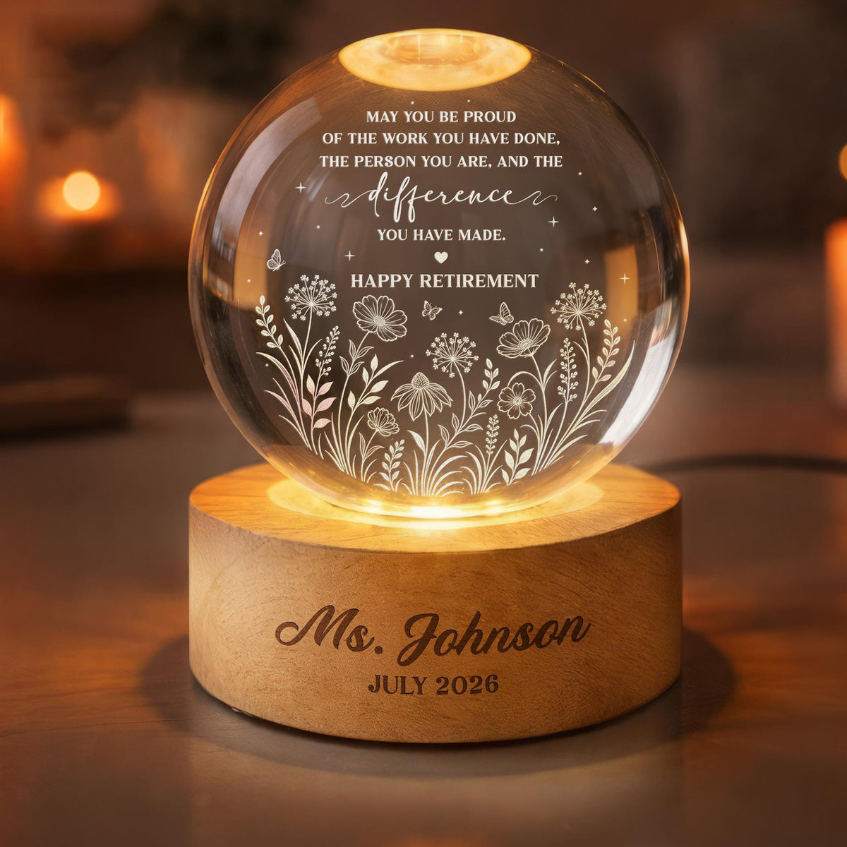 Personalized Retirement Crystal Ball Light Night, Retired Teacher Thank you Gift, Happy Retirement, Custom Retirement Gift For Boss Coworker
