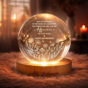 Personalized Retirement Crystal Ball Light Night, Retired Teacher Thank you Gift, Happy Retirement, Custom Retirement Gift For Boss Coworker