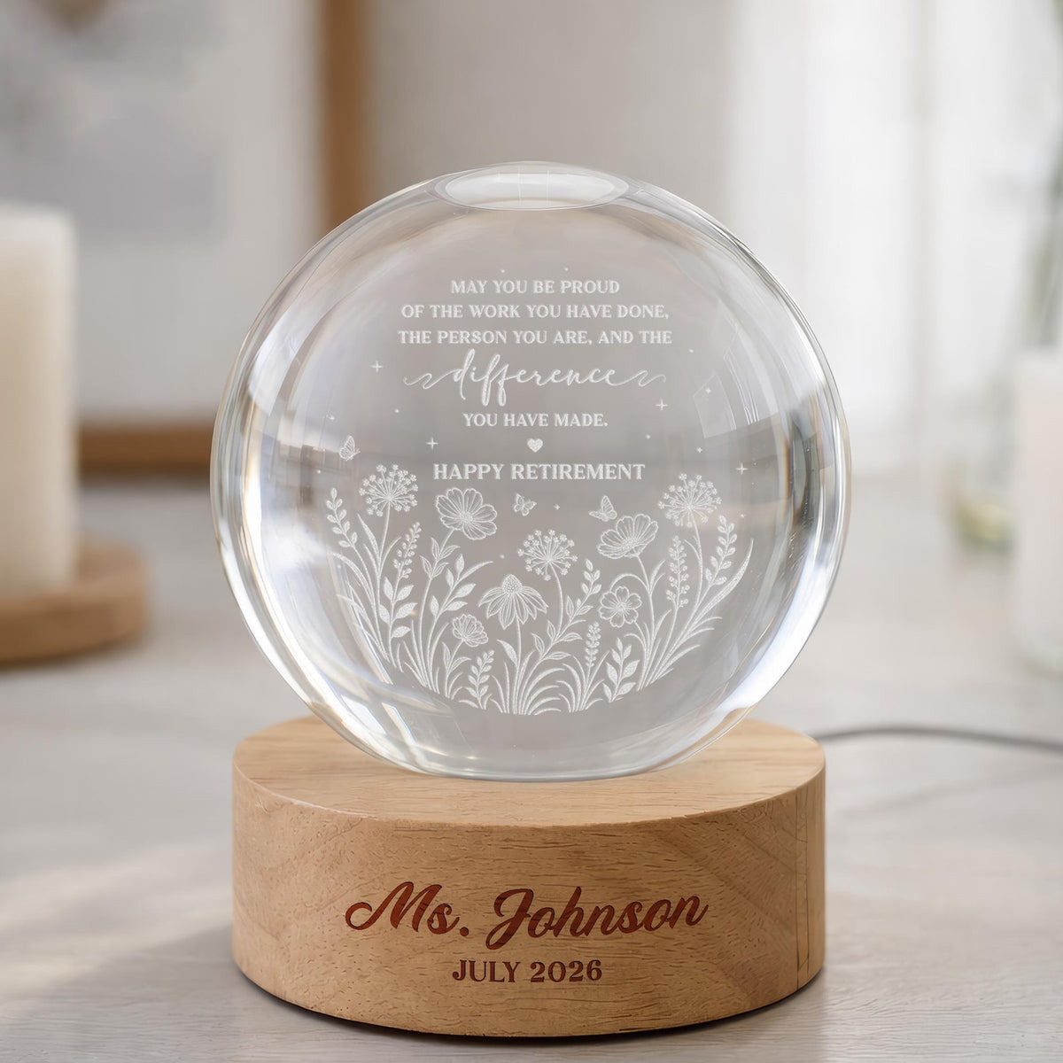 Personalized Retirement Crystal Ball Light Night, Retired Teacher Thank you Gift, Happy Retirement, Custom Retirement Gift For Boss Coworker