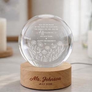Personalized Retirement Crystal Ball Light Night, Retired Teacher Thank you Gift, Happy Retirement, Custom Retirement Gift For Boss Coworker