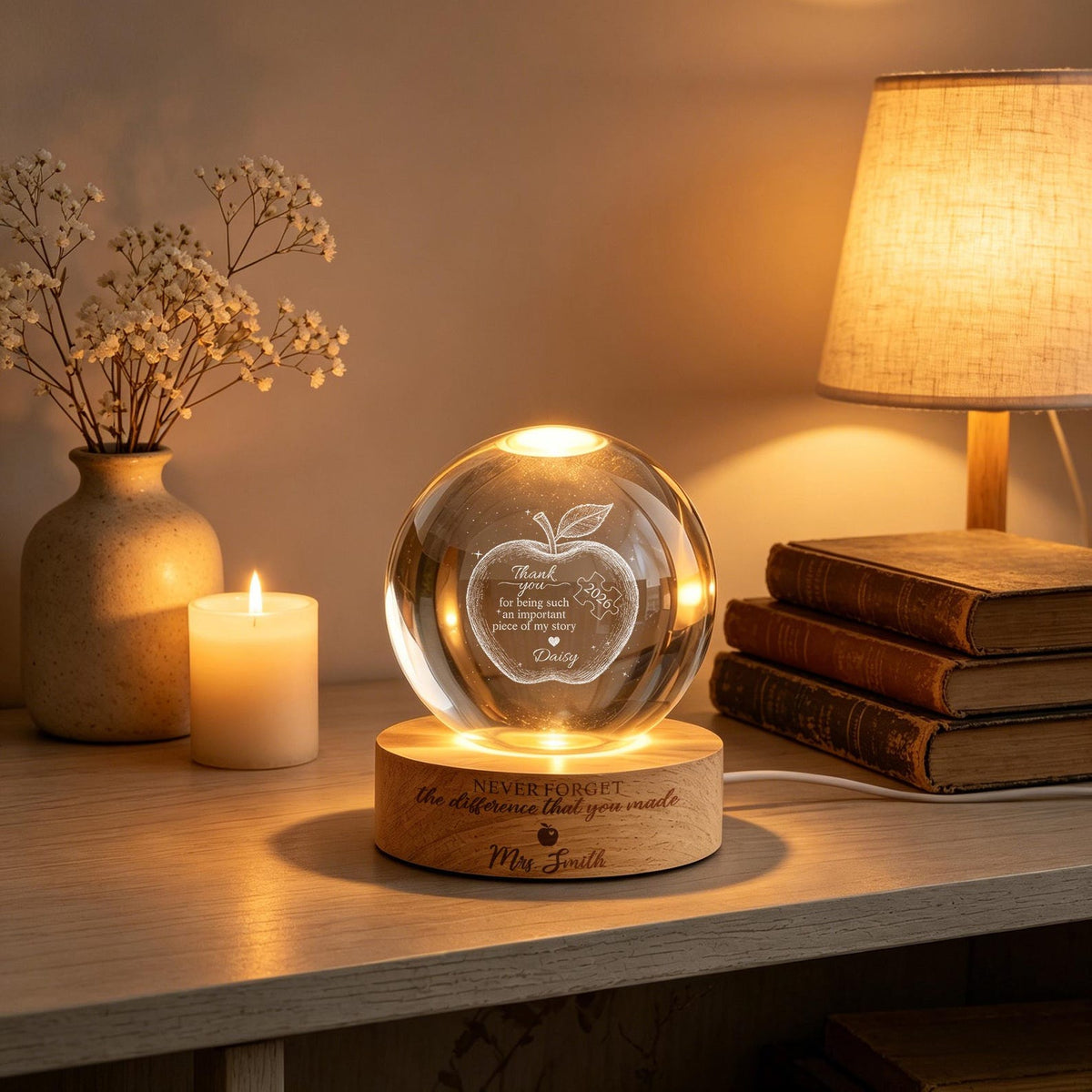 Custom Teacher Appreciation Crystal Ball Night Light,Apple LED Night Light Gift,Personalized Thank You Teacher Gift,End of Year Teacher Gift