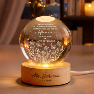 Personalized Retirement Crystal Ball Light Night, Retired Teacher Thank you Gift, Happy Retirement, Custom Retirement Gift For Boss Coworker