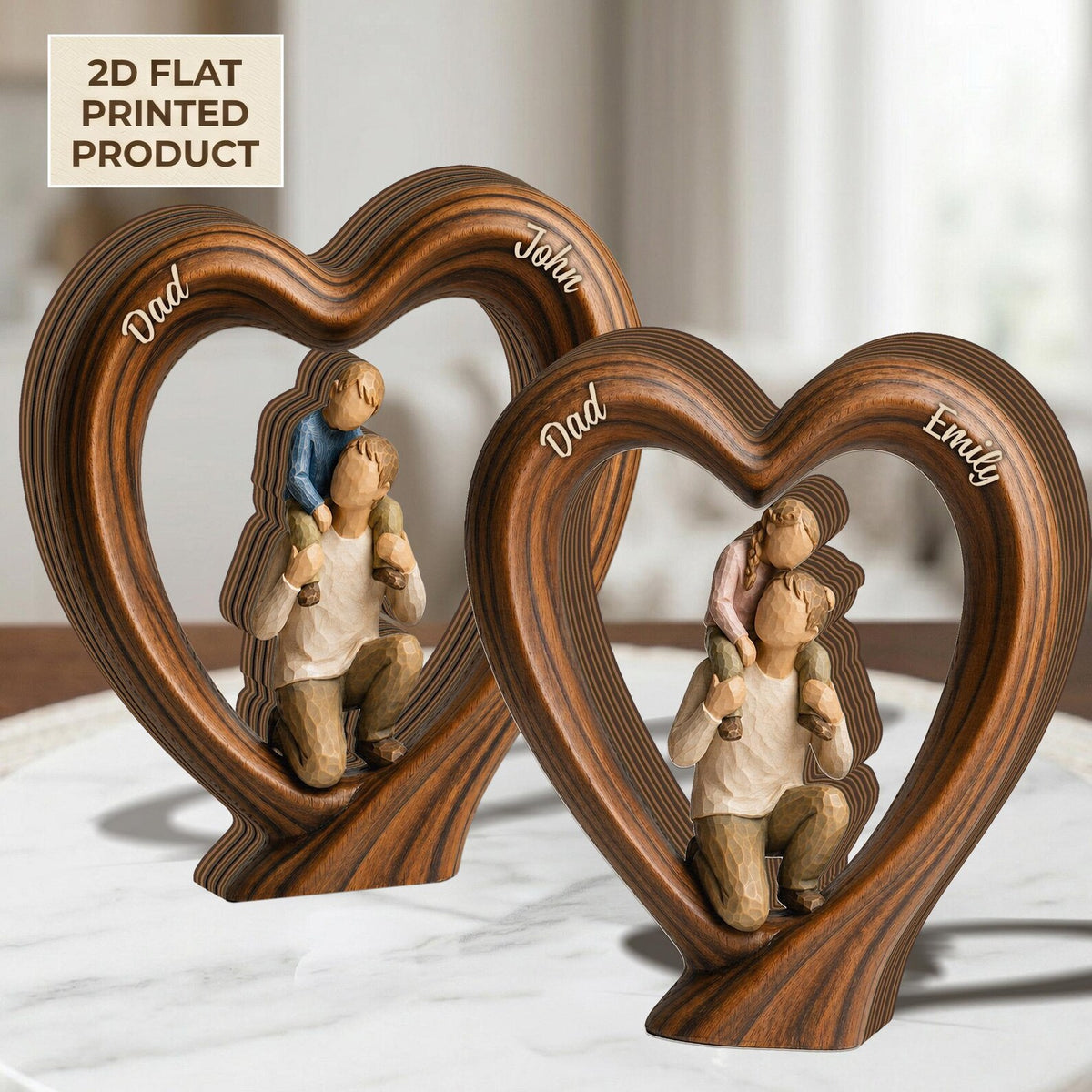 Personalized Dad and Kid 2D FLAT Wooden Block, Father Child Heart Frame Decor, Custom Name Gift for Dad, Fathers Day Keepsake