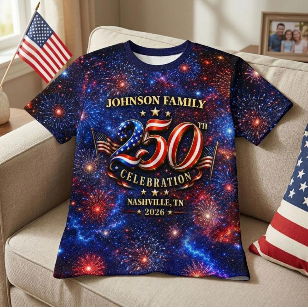 Custom Family American 250th Anniversary 1776 - 2026 3D Shirt, Family Matching Patriotic Crew Shirt, Gift for Dad, Mom, Patriotic Shirt