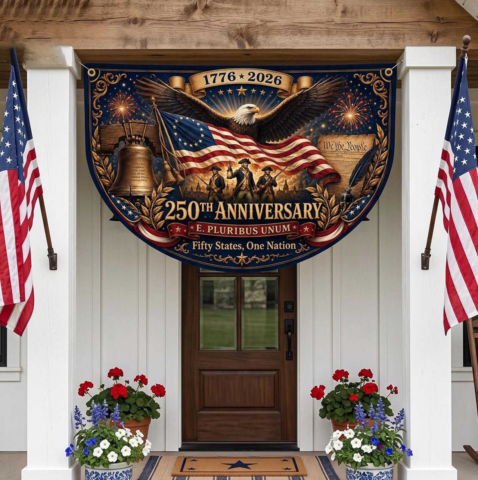 Usa 250th Anniversary Semi Circular Flag Eagle Liberty Bell We The People 1776 2026 Patriotic Bunting 4th Of July Decor