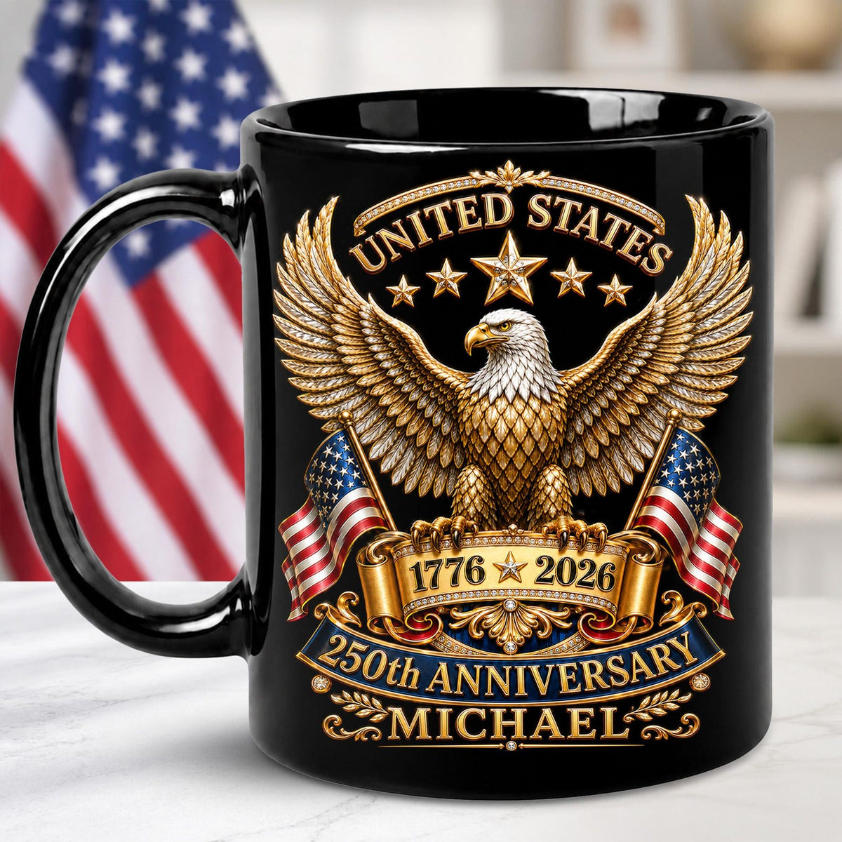 Personalized 250th Anniversary of America 2D Flat Mug, American USA Flag Black Coffee Cup, US Eagle Gifts for Men, Women, Patriotic Keepsake