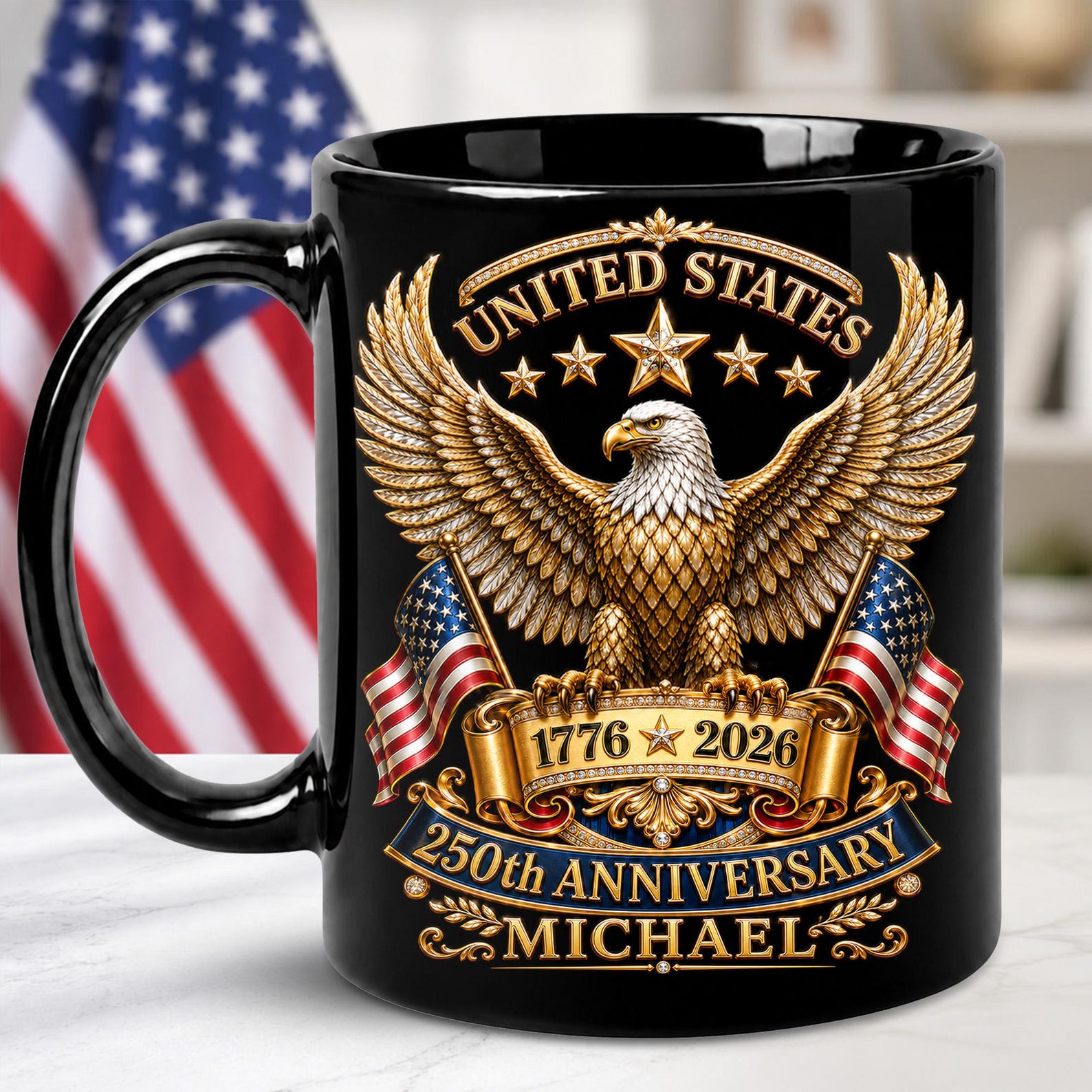 Personalized 250th Anniversary of America 2D Flat Mug, American USA Flag Black Coffee Cup, US Eagle Gifts for Men, Women, Patriotic Keepsake