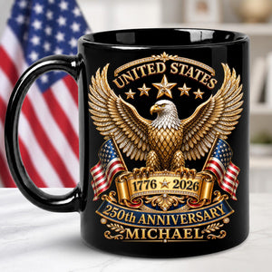 Personalized 250th Anniversary of America 2D Flat Mug, American USA Flag Black Coffee Cup, US Eagle Gifts for Men, Women, Patriotic Keepsake