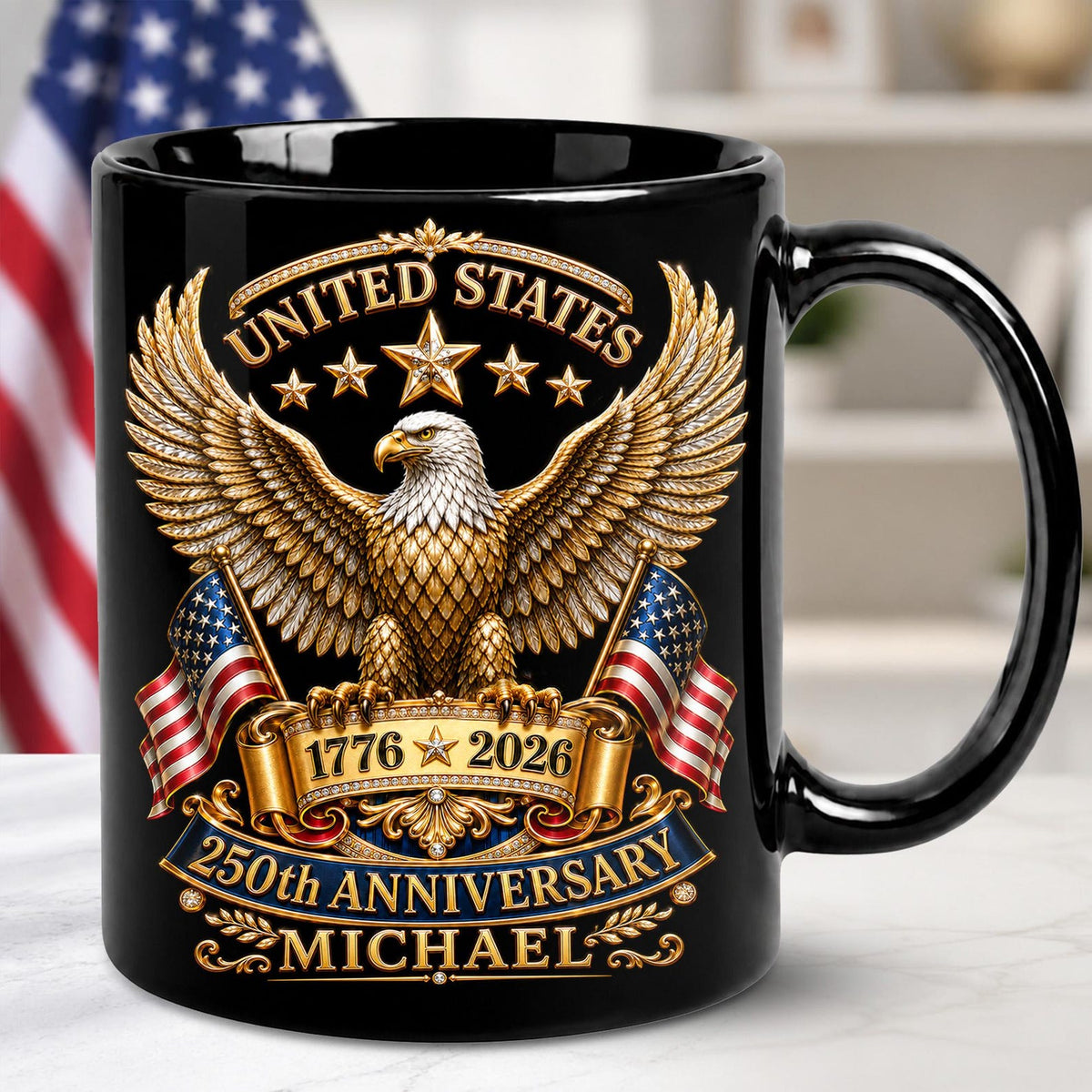 Personalized 250th Anniversary of America 2D Flat Mug, American USA Flag Black Coffee Cup, US Eagle Gifts for Men, Women, Patriotic Keepsake