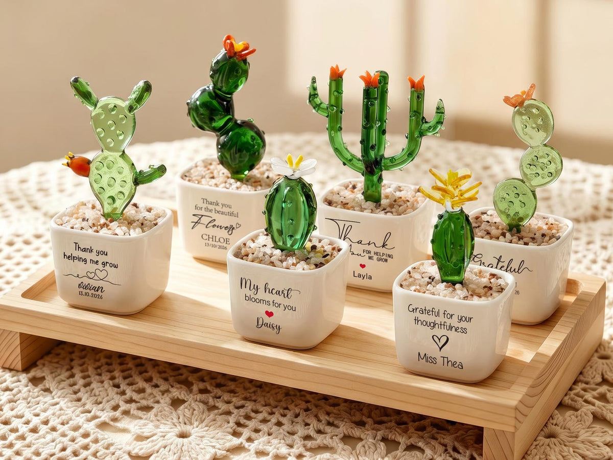 Glass Plant Pot, Personalized Name Mini Glass Flower Cactus Ornament, End Of School Term Gift, Teacher Appreciation Desk Table Decoration